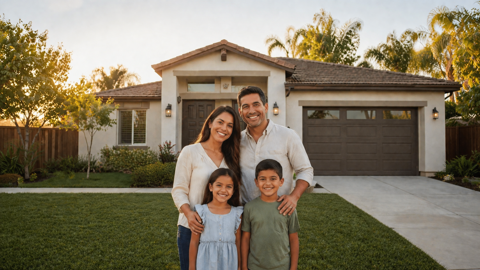 Familia feliz frente a su nueva casa en Florida